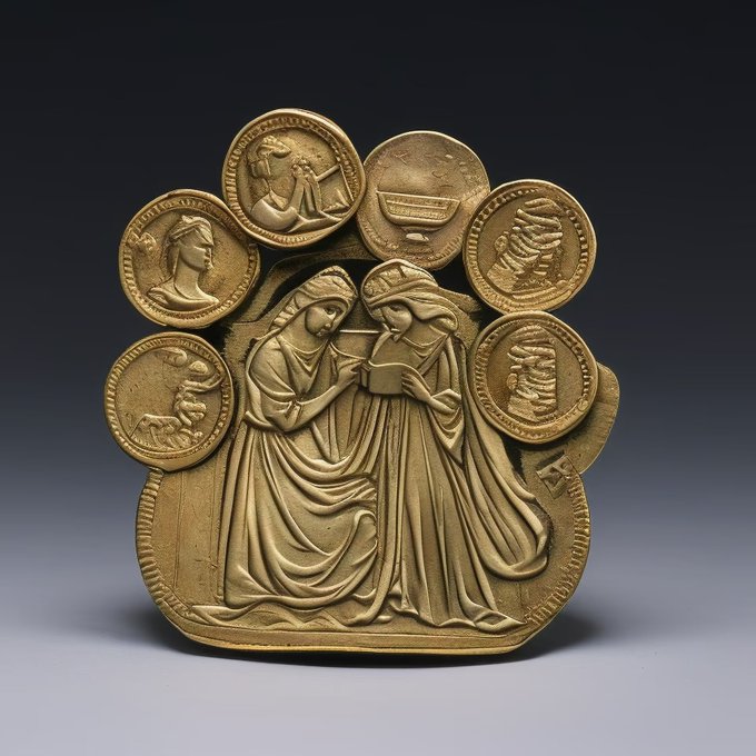 An ornate golden relief sculpture depicting two robed figures in conversation, surrounded by several ancient coin-like medallions featuring various faces and symbols.