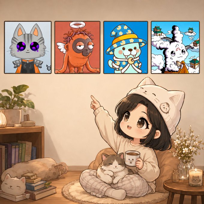 An illustration shows a girl in cat-themed pajamas sitting on a rug with a sleeping cat, pointing at four framed cartoon character portraits on the wall.