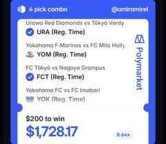 A Polymarket sports betting slip titled '4 pick combo' from @amirarirel showing four soccer picks: Urawa Red Diamonds vs Tōkyō Verdy (URA), Yokohama F-Marinos vs FC Mito Holly (YOM), FC Tōkyō vs Nagoya Grampus (FCT), and Yokohama FC vs FC Imabari (YOK), with a $200 stake to win $1,728.17.