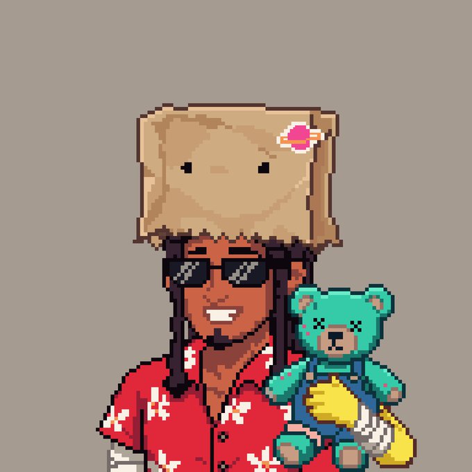 A pixel art illustration of a character with a brown paper bag over their head, wearing sunglasses and a red floral shirt while holding a stitched teal teddy bear.