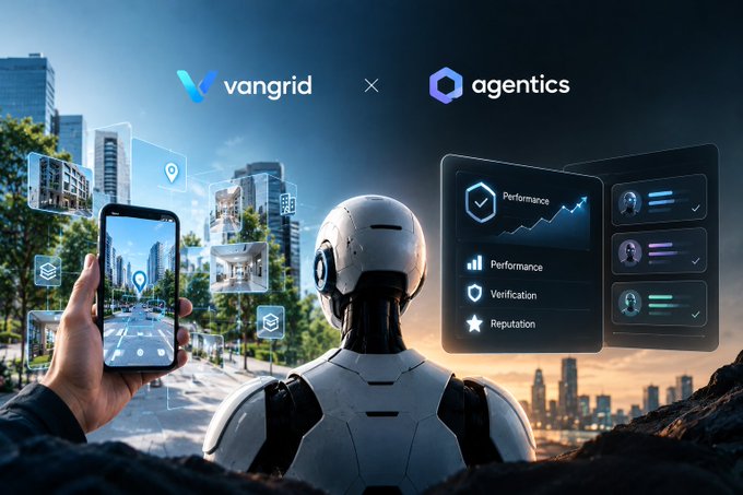 A split-screen graphic showing a smartphone scanning buildings labeled 'vangrid' on the left and a white robot beside an 'agentics' interface with metrics like 'Performance', 'Verification', and 'Reputation' on the right.