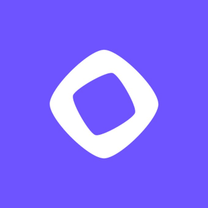 A white abstract logo resembling a rounded diamond shape with an inner cutout, set against a purple background.