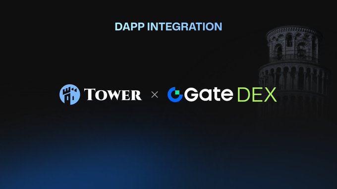 A promotional graphic announcing a "DAPP INTEGRATION" between Tower and GateDEX, featuring the logos of both companies alongside a faint Leaning Tower of Pisa silhouette, which visually reinforces the Tower brand name while promoting the new partnership.