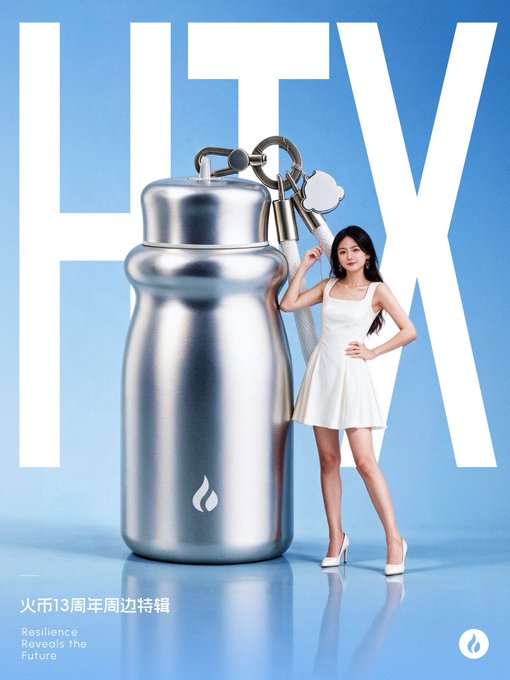 A promotional poster for HTX exchange's 13th anniversary featuring a large silver water bottle keychain and a woman in a white dress, with text reading 'HTX', 'Resilience Reveals the Future', and '火币13周年周边特辑'.