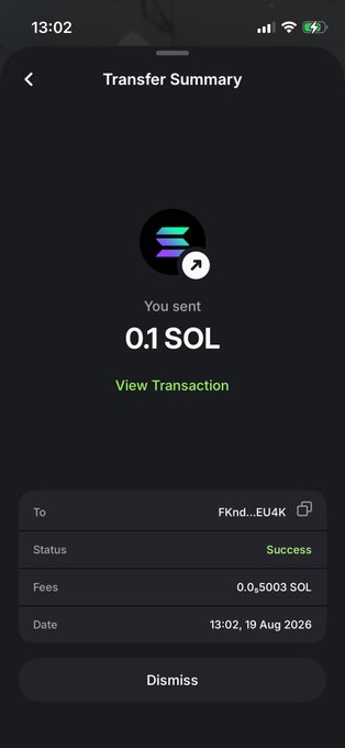 A "Transfer Summary" screen confirming a successful transaction of 0.1 SOL sent at 13:02, directly reflecting the post about sending @Tee_ofsol .1 SOL.