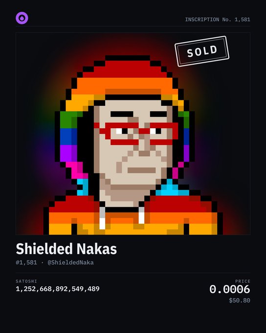 A digital marketplace displaying a pixel art NFT titled 'Shielded Nakas' (#1,581) with a 'SOLD' stamp, priced at 0.0006 BTC ($50.80) for @ShieldedNaka.