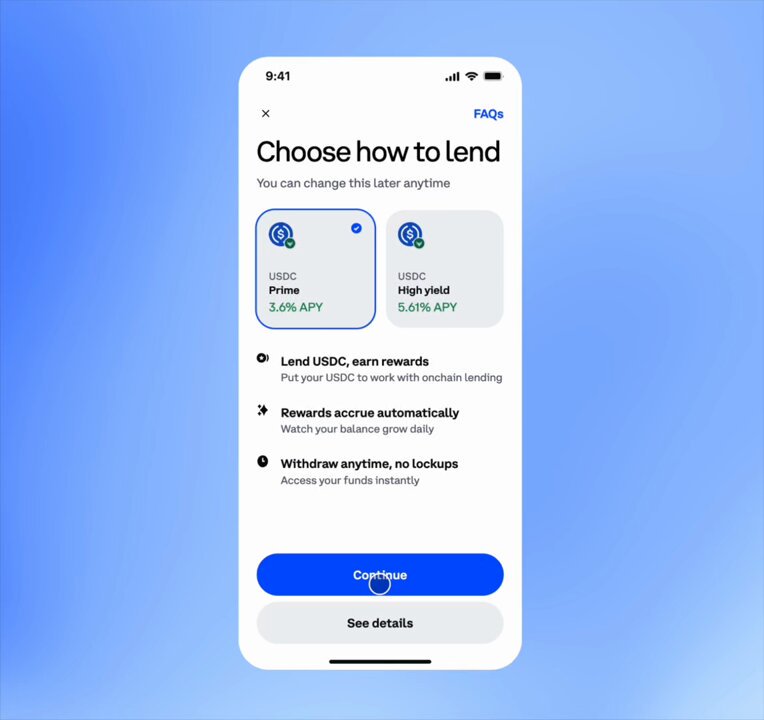 The image features an iPhone screen displaying two options related to lending money from USDC (Universal Deposits). One option appears to be a choice, while the other represents a decline or denial of the previous choice. The text provided on the screen offers details about different types of USDC Vault account holders and their associated rewards for using those accounts. This user interface allows users to make more informed decisions when considering lending money from USDC.