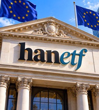 The exterior facade of a classical-style building featuring the large "hanetf" logo, flanked by two European Union flags against a blue sky.