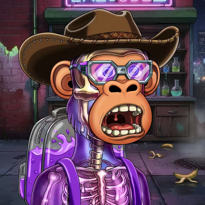 A cartoonish zombie chimpanzee wearing a cowboy hat, purple goggles, and a skeleton-themed shirt, with a backpack and lab equipment in the background, fits the "Lunarverse" and "Chimp Tribe" theme of a quirky, web3-inspired NFT character on a neon-lit urban street.