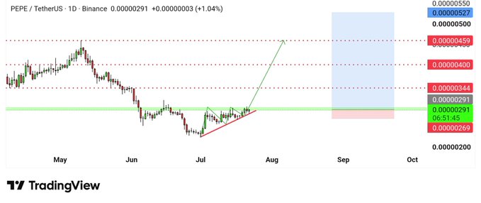 A TradingView daily chart for PEPE/USDT shows a falling wedge breakout near $0.00000291, with projected targets at $0.00000344, $0.00000400, and $0.00000459, supporting the post's outlook of an upcoming short-term move higher.