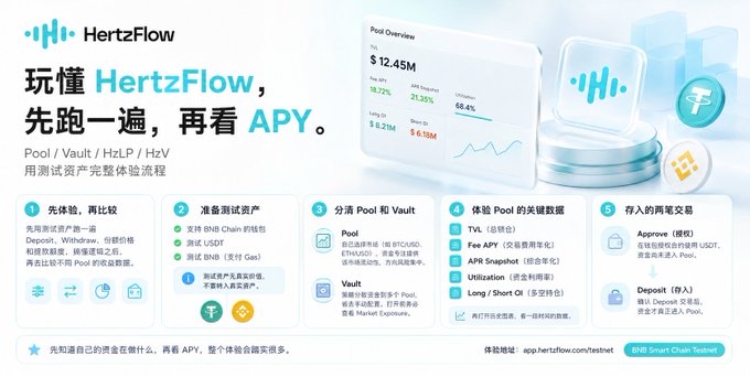 A promotional infographic for HertzFlow's testnet featuring a "$12.45M" pool overview with 18.72% and 21.35% APY metrics, outlining a 5-step process to test assets through Deposit, Withdraw, and share price functions before evaluating yields. The image illustrates the accompanying post's advice to fully test Pool/Vault mechanics on testnet before chasing the highest APY.
