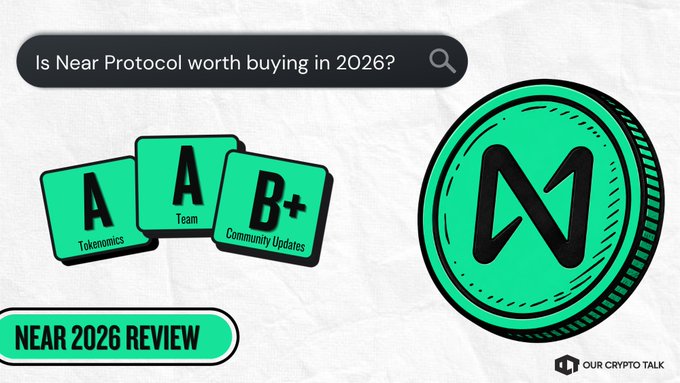 The image shows a close-up of an "NEAR" coin on the left side, with the text below it asking if it's near protocols worth buying in 2026. The coin has a green border and features a red symbol, which could represent the value or meaning behind the coin. In the background, there is another coin next to it, suggesting that this might be a collection of coins related to NEAR Protocols updates. A blue arrow pointing towards the right side of the image indicates that it's a direction or movement associated with the coin collection.