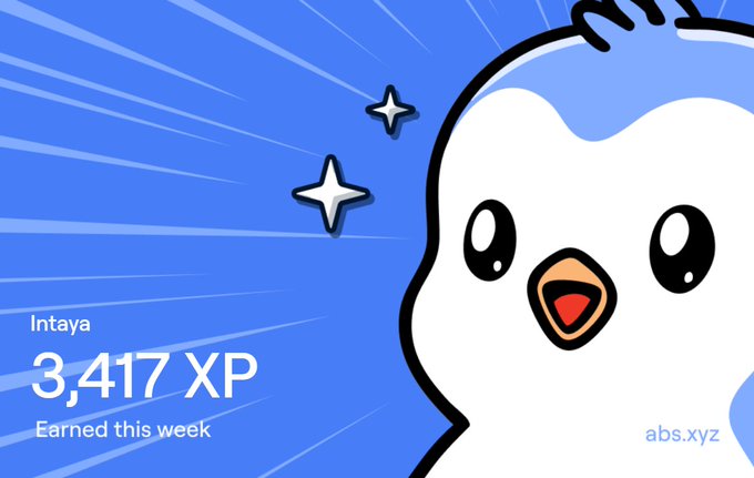 A Duolingo achievement screen showing user 'Intaya' earned 3,417 XP this week, featuring the brand's white owl mascot against a blue starburst background with 'abs.xyz' watermark.