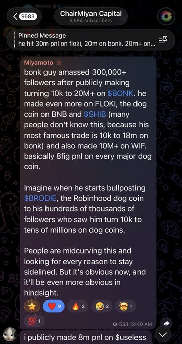 A screenshot of a Telegram post in the "ChairMiyan Capital" channel shows a message from user "Miyamoto" discussing how a "bonk guy" amassed 300,000+ followers and profited heavily from meme coins like $BONK, $FLOKI, $SHIB, and $WIF, with anticipation building around his potential promotion of $BRODIE. The accompanying post celebrates $BRODIE being up over 6X since Miyamoto's call, reinforcing the bullish sentiment shown in the pinned discussion.