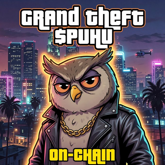 A cartoon owl wearing a leather jacket and gold chain, set against a neon city skyline with a helicopter, titled 'GRAND THEFT $PUHU ON-CHAIN'.