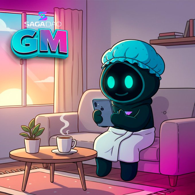 A cartoon character with a glowing smiley face wearing a blue shower cap and towel, sitting on a couch holding a phone with 'SAGADAO GM' text.