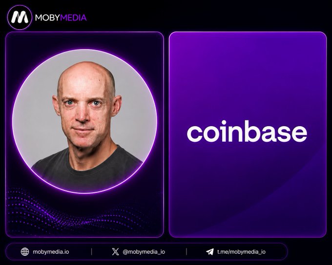 The image features a professional portrait of Anthony Armstrong alongside the Coinbase brand logo on a purple background, shared by MobyMedia. It visually announces Coinbase's appointment of Armstrong, a former Morgan Stanley banker and ex-CFO of xAI and X, to its board of directors.
