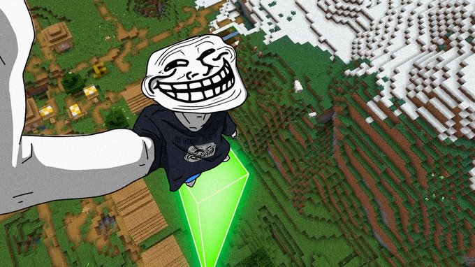 A trollface meme character wearing a black hoodie rides a glowing green emerald block above a Minecraft village and snowy mountain landscape, symbolizing the "rise again" of the $TROLL meme coin.