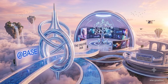 A digital illustration of a futuristic floating sky city labeled '@BASE' with areas like 'THE CREATIVE HUB' and 'COLLABORATION BUILDS STRONGER SUCKSED TOGETHER' surrounded by clouds and floating islands.