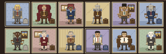 A grid of pixel art characters depicting various businessmen, politicians, and figures in suits with briefcases in different office settings.