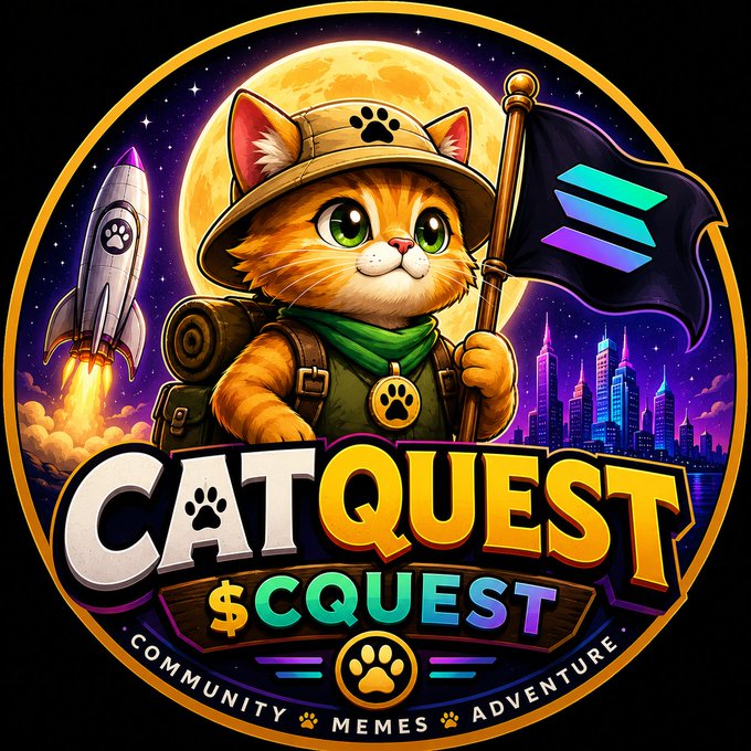 A colorful logo featuring a cartoon cat explorer with the text 'CATQUEST $CQUEST - COMMUNITY, MEMES, ADVENTURE.'