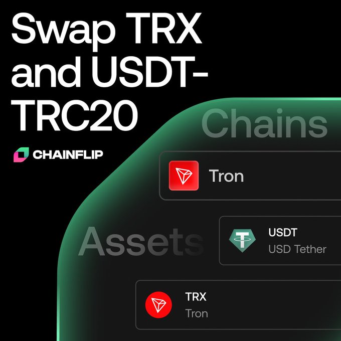 A Chainflip promotional graphic displaying "Swap TRX and USDT-TRC20" with the Chainflip logo, listing Tron as the chain and USDT (USD Tether) and TRX as available assets, illustrating the platform's ability to facilitate non-custodial swaps on the Tron network as advertised.
