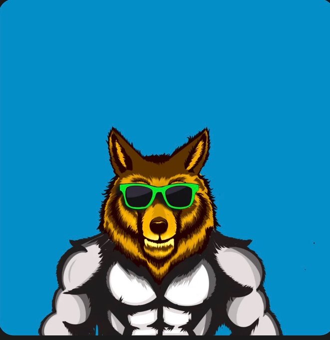 A cartoon illustration shows a muscular anthropomorphic coyote or dog with brown fur, wearing bright green sunglasses, against a solid blue background.