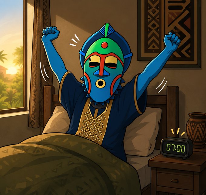 A digital illustration of a person wearing a colorful tribal mask, stretching with both arms raised while sitting up in bed, with an alarm clock showing "07:00" on the bedside table.