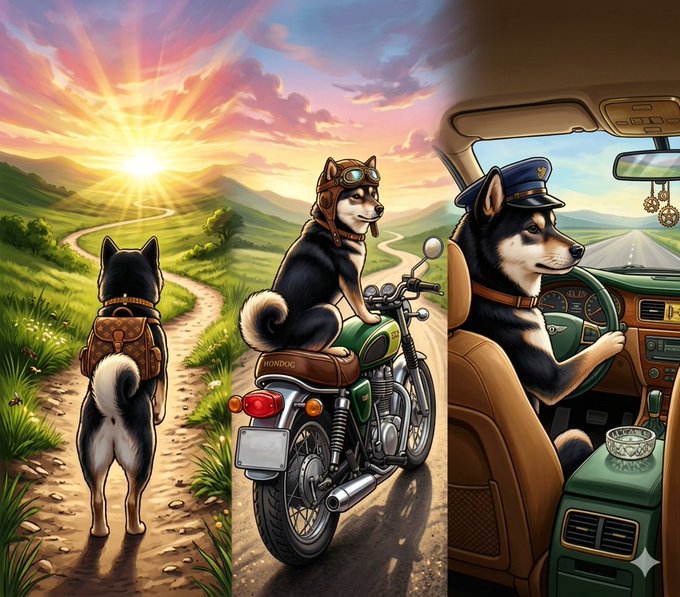 An illustrated scene shows a Shiba Inu dog with a backpack walking down a dirt road, riding a green motorcycle, and driving a car with a chauffeur's cap.