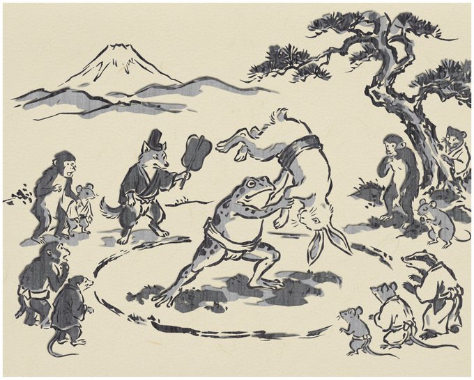 A traditional Japanese ink wash painting (sumi-e) depicting anthropomorphic monkeys, a rabbit, a frog, and other animals in a scene near Mount Fuji.