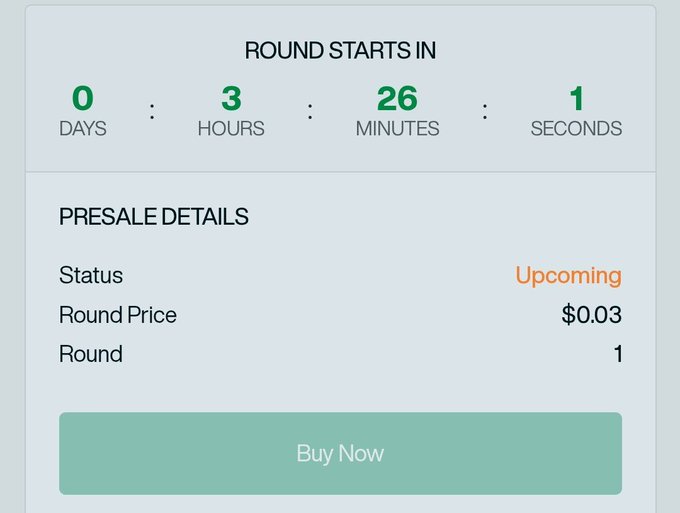 A presale countdown widget displays "ROUND STARTS IN" with 0 days, 3 hours, 26 minutes, and 1 second remaining, confirming the post's urgency about the $BYZAN presale going live on @Gems_Launchpad in approximately 3 hours. The widget shows Round 1 at $0.03 with an "Upcoming" status and a "Buy Now" button, ready to activate once the timer hits zero.