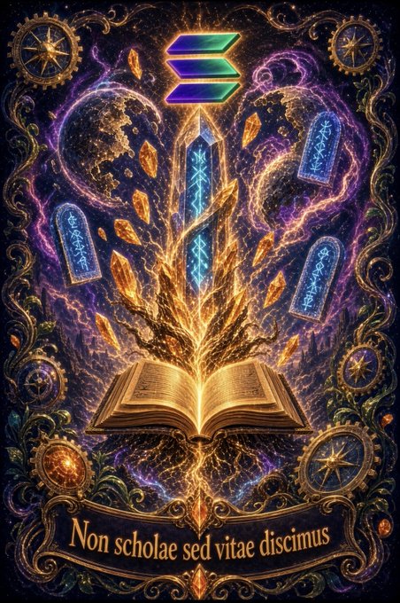 A digital artwork features an open glowing book, a crystal sword, runic tablets, and a Solana logo at the top, with the Latin phrase 'Non scholae sed vitae discimus' at the bottom.