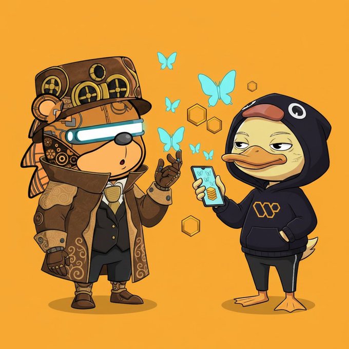 The image features two cartoon characters, one dressed as a bear wearing a brown coat with a hat, and another character dressed as a duck wearing a black hoodie. The bear character is holding up a cell phone displaying an invitation for four posts on social media platforms. The duck character is looking at the cell phone screen while standing next to it.