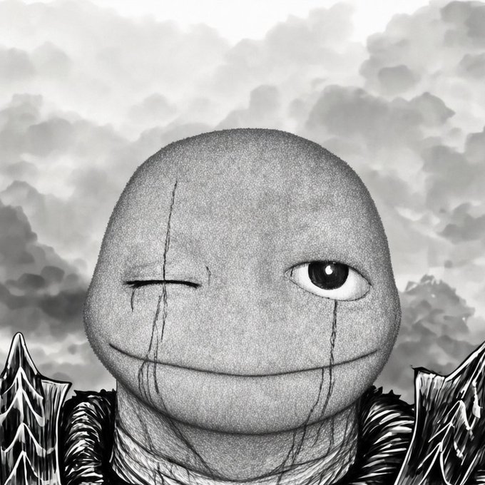 A black and white manga-style illustration of a scarred, egg-shaped creature with one closed eye, one open eye, and a slight smile, set against a cloudy sky background.