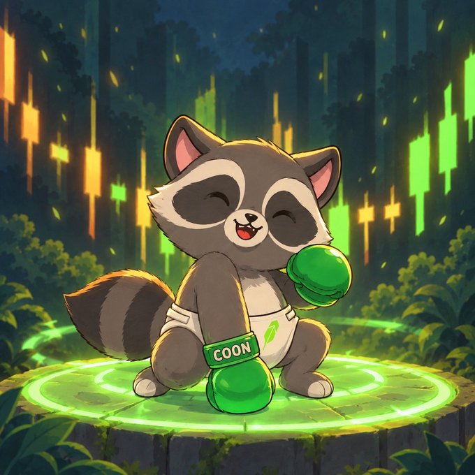 An illustrated cartoon raccoon mascot labeled 'COON' wearing boxing gloves on a glowing platform, surrounded by green and orange candlestick chart patterns in a forest setting.