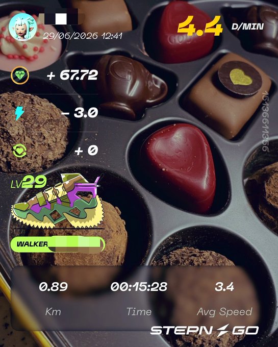 A STEPN GO fitness app screenshot showing a 0.89 km walk in 00:15:28 with stats (+67.72, -3.0, +0), overlaid on a photo of assorted chocolates with heart shapes.