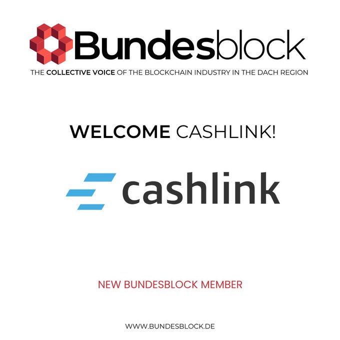 The image features a logo for a new cryptocurrency called Cashlink, which is being promoted by the Bundesblock. The logo includes two distinct symbols - one red and one blue. The text "Welcome Cashlink!" is displayed below the logo, indicating that this is an invitation or welcome to join the Cashlink community. The website address "www.bundesblock.de" is also present in the image.