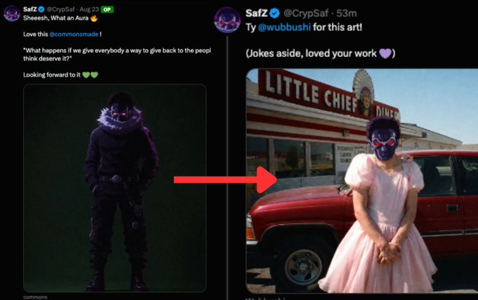 The image shows two Twitter posts from SafZ (@CrypSaf), with an arrow pointing from a dark, masked crypto figure to a pink-dressed Barbie character in front of the "Little Chief Diner," humorously illustrating the "From crypto leader to Barbie girl in 48 hours" transformation referenced in the caption.