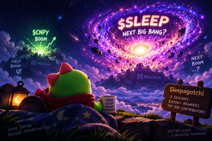 A colorful digital illustration featuring a green cartoon character looking at a galaxy-shaped explosion with text '$SLEEP NEXT BIG BANG?' and '$CNPY BOOM', along with signs reading 'Sleepagotchi', 'Nucleus', and 'Good Sleep Bigger Tomorrow'.