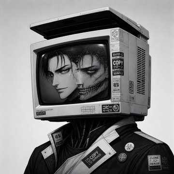 A surreal black and white illustration depicting a human figure whose head is replaced by an old CRT television displaying two anime-style faces, with control buttons and a 'COPY' sticker visible.