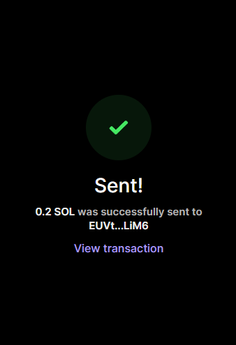 A dark confirmation screen with a green checkmark displays "Sent! 0.2 SOL was successfully sent to EUVt…LiM6," with a "View transaction" link below, indicating a successful Solana transfer. This screenshot likely provides evidence supporting the post's claim about active SOL wallet activity from users @The1Stickman and @DerivDegen334.