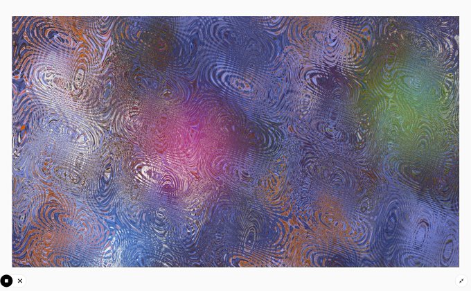 An abstract digital artwork featuring swirling, rippled textures in iridescent blues, purples, pinks, and oranges with a colorful gradient in the center and a small profile icon in the bottom left corner.