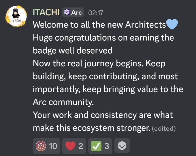 A Discord message from 'ITACHI' with the 'Arc' badge reads: 'Welcome to all the new Architects... Huge congratulations on earning the badge well deserved... Your work and consistency are what make this ecosystem stronger.'