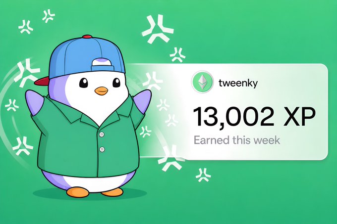 The image features a cartoon penguin wearing a green shirt, standing against a green background. The penguin has its arms outstretched as if waving or celebrating. Below the penguin, there's a post with text that reads "Happy XP day pudgy fam! For week 70 I earned 13,002 XP on @AbstractChain Also, my daily upvote streak is continuous for 78 days I hope you had a great time this week with Pudgy Legends and earned some huge XP See you next Tuesday". The penguin's position in the image seems to be related to the post or the overall theme of the post.