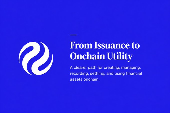 A blue graphic with a white swirl logo and text reading 'From Issuance to Onchain Utility — A clearer path for creating, managing, recording, settling, and using financial assets onchain.'