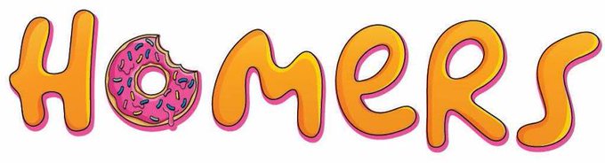 A colorful cartoon graphic spells out the word "HOMERS" with the letter O styled as a pink-frosted donut with sprinkles.