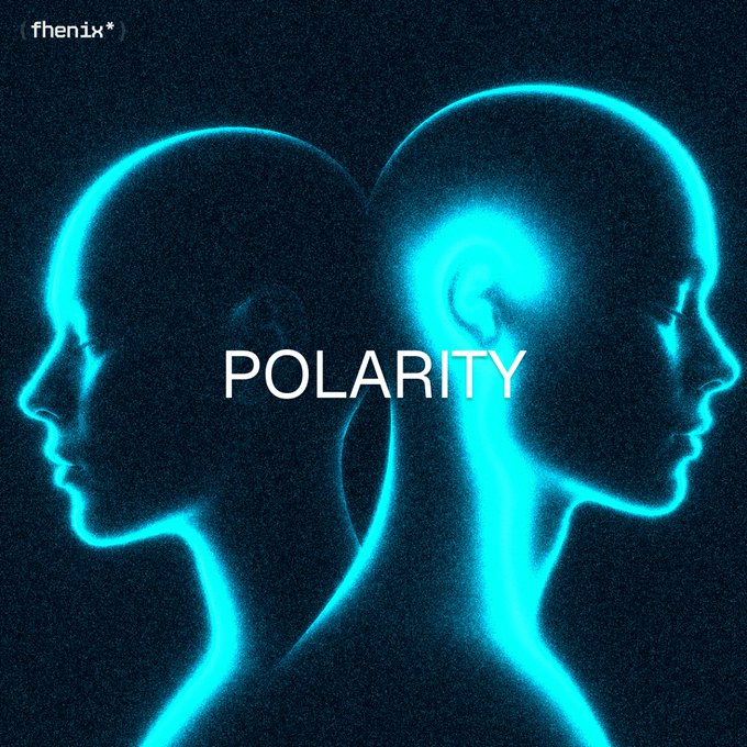 Album cover artwork for '(fhenix)' titled 'POLARITY', featuring two glowing cyan silhouetted profiles facing away from each other against a dark background.