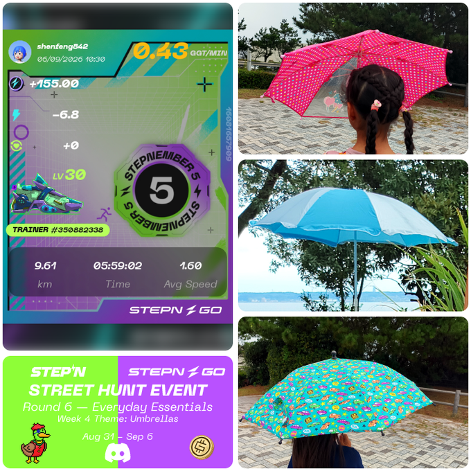 The image showcases a STEPN Go Street Hunt Event entry for the "Everyday Essentials" round's Umbrella theme (Aug 31 - Sep 6), featuring a 9.61 km walk earning +155.00 GST at 0.43 GGT/MIN, paired with three photos of colorful polka-dot and character-patterned umbrellas demonstrating the photographer's last-minute submission to the Discord photography challenge.