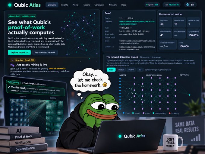 A webpage for Qubic Atlas titled 'See what Qubic's proof-of-work actually computes,' showing network metrics and a Pepe frog thinking 'Okay... let me check the homework. 😉'