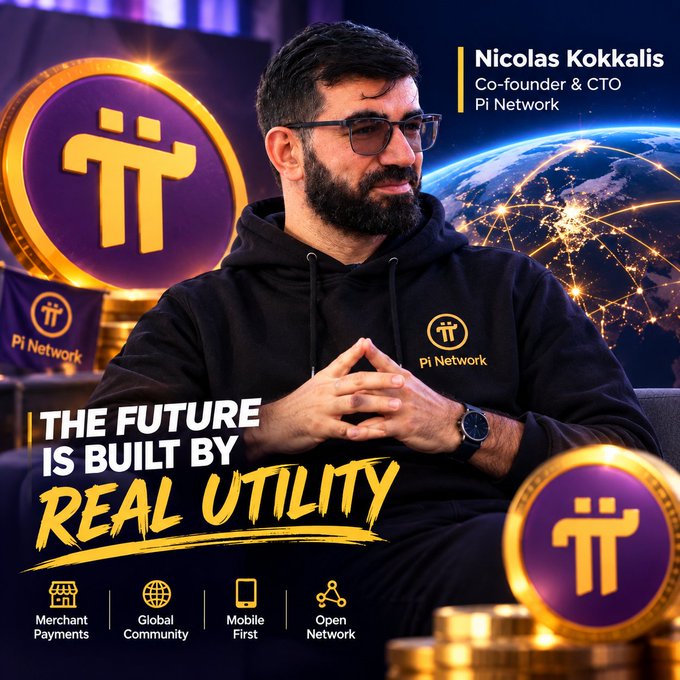 A promotional graphic for Pi Network featuring Co-founder & CTO Nicolas Kokkalis in a Pi Network hoodie, with the tagline 'THE FUTURE IS BUILT BY REAL UTILITY' and icons for Merchant Payments, Global Community, Mobile First, and Open Network.